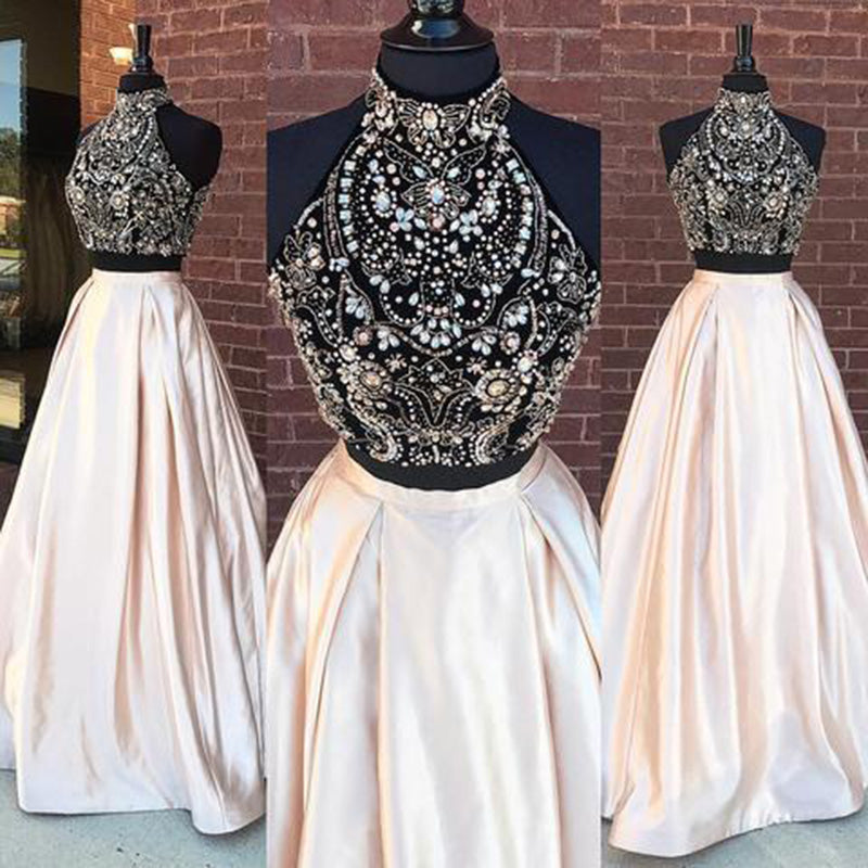 LP1458 High Neck Champagne Two Pieces  Satin Long Prom Dress with Beading Pageant Formal Gown crop Top 2018