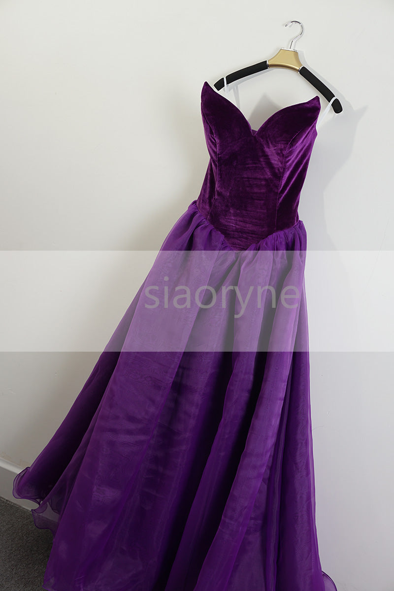 Gorgeous Burgundy A Line Long Prom Dresses Velvet Sweetheart Party Gowns,Organza Evening Formal Gown  LP852