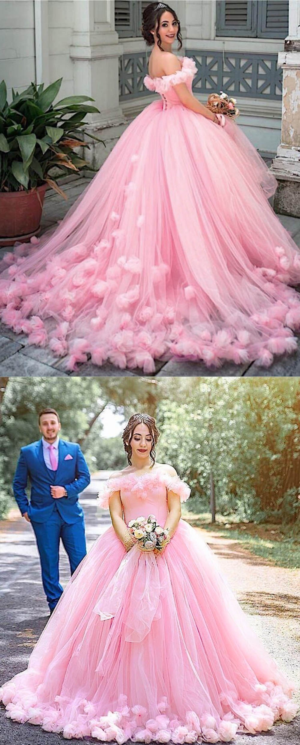 Women Fashion Off the Shoulder Colored Puffy Bridal Ball Gown Pink Wed ...