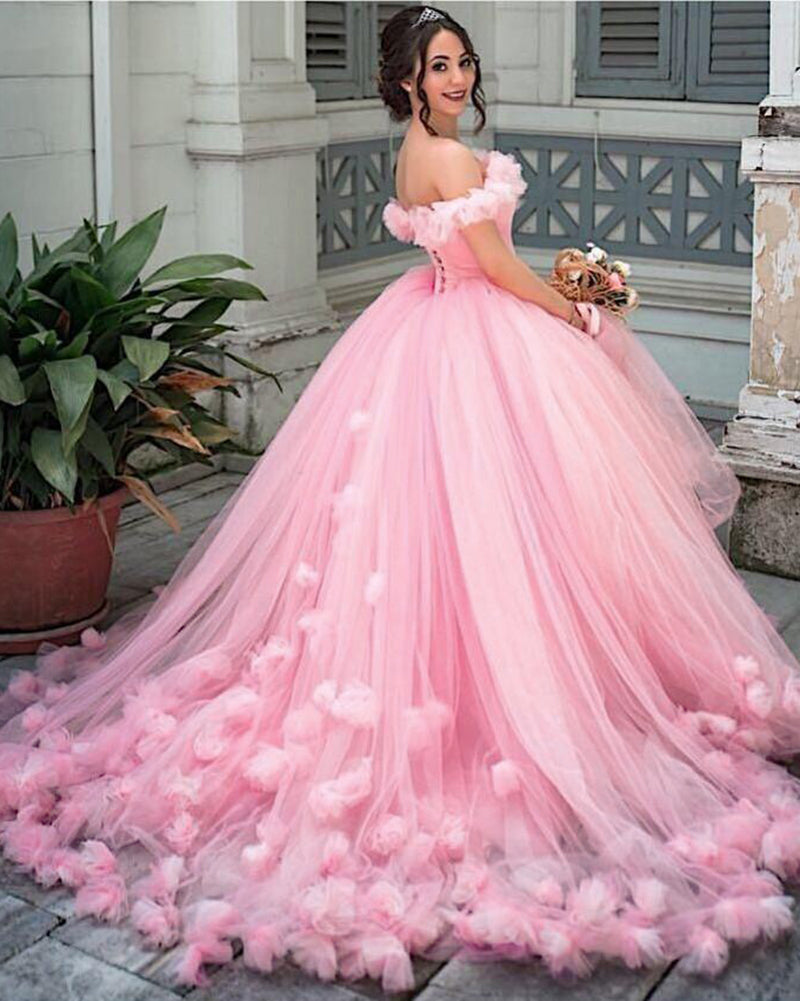 Women Fashion Off the Shoulder Colored Puffy Bridal Ball Gown Pink Wedding Dresses with handmade flowers WD10204