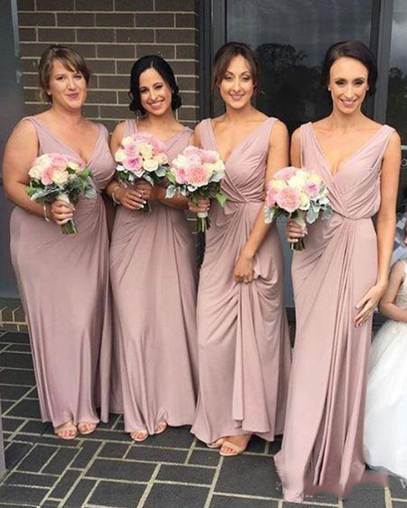 Simple Elegant V Neck Wedding Maid of Honor Dress Dust Pink Long Bridesmaid dress LB07052