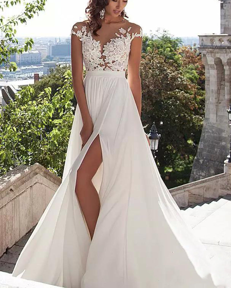 Siaoryne LO0926 Sexy Nude See Through Lace Cap Sleeves Split Long Ivory Chiffon Beach Wedding Dresses Bridal Gown