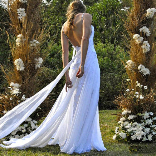 Romantic 2022 Lace Beach Wedding Dress Sexy Slit Summer Boho Bridal Gown Robe De Mariee with Straps WD512