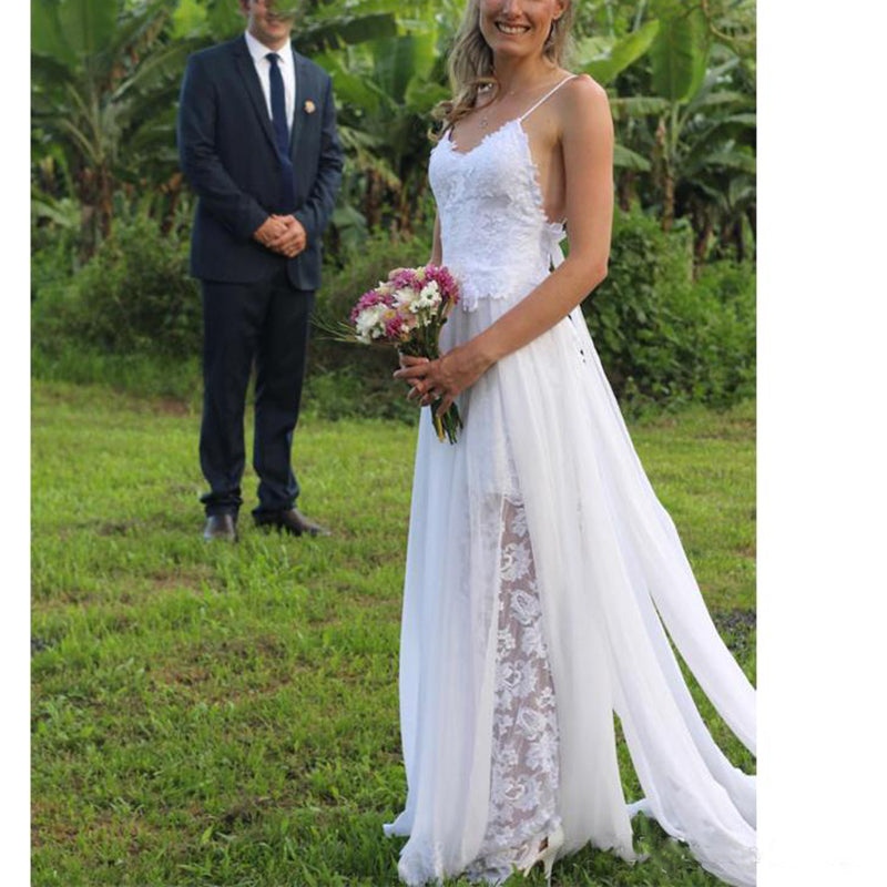 Romantic 2022 Lace Beach Wedding Dress Sexy Slit Summer Boho Bridal Gown Robe De Mariee with Straps WD512