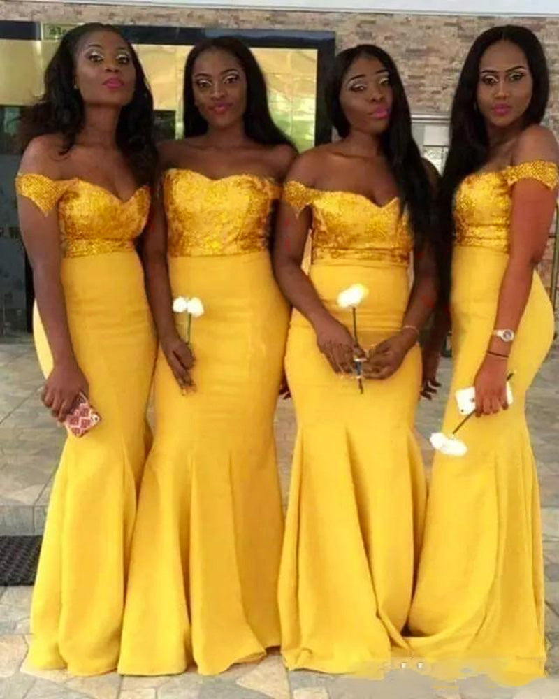 Siaoryne Bright Gold yellow Long Mermaid Women Wedding Party Gown Bridesmaid Dresses