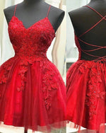 Fancy Girls Semi Formal Cocktail Red Lace Short Homecoming Dresses with Straps SP11117