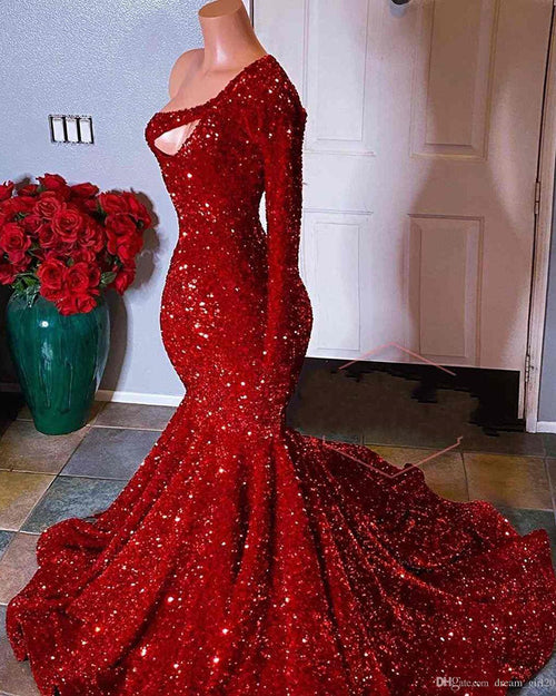 Red Sequined Black Girls Mermaid Prom Dresses 2021 Plus Size One Shoulder Long Sleeve Sequined Keyhole Prom Gowns vestido de fiesta PL01231