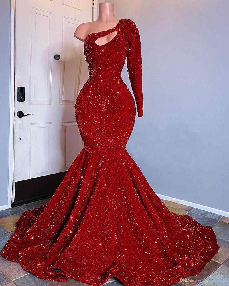 Red Sequined Black Girls Mermaid Prom Dresses 2021 Plus Size One Shoulder Long Sleeve Sequined Keyhole Prom Gowns vestido de fiesta PL01231