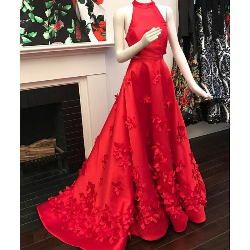 LP5780 Halter A Line Prom Dress Formal Gown Satin Long Evening Dress with handmade Flowers Festido De Festa