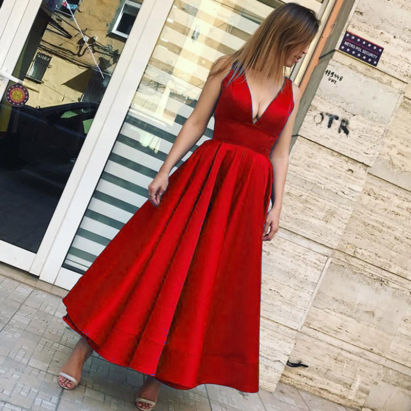 Deep V Neck Prom Dresses  Tea Length  Satin A Line Women Formal Evening Dress