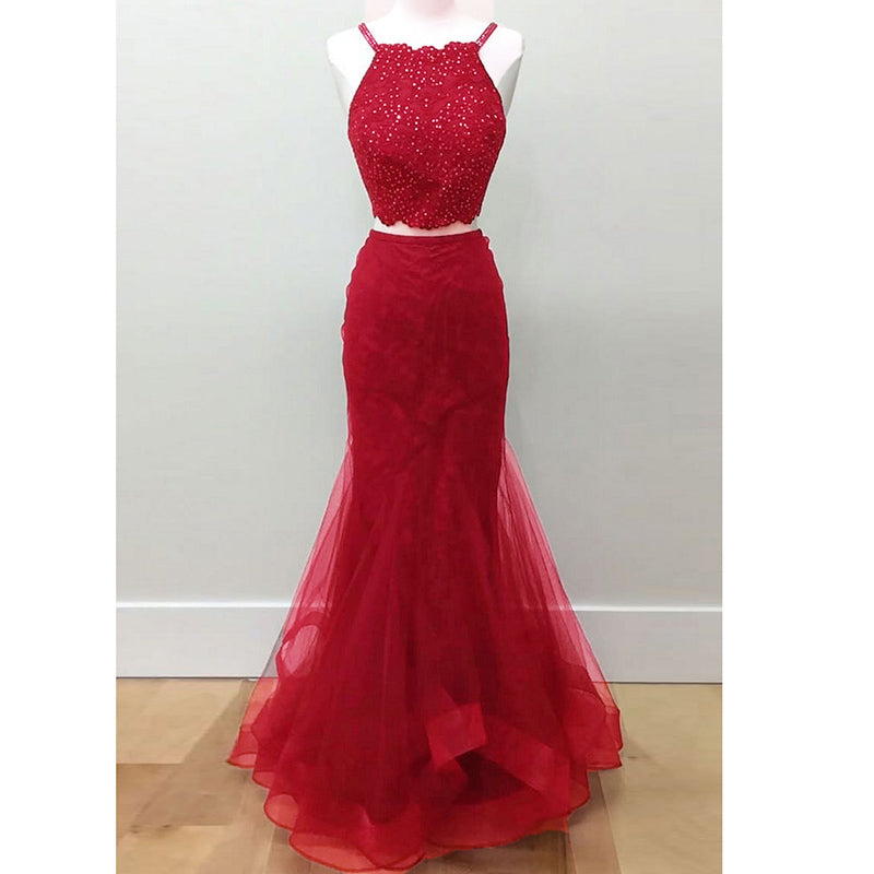 LP1596 Halter Sexy Bordeaux Crop Top 2018 Prom Dress two pieces Mermaid Formal Gowns Pageant Dresses