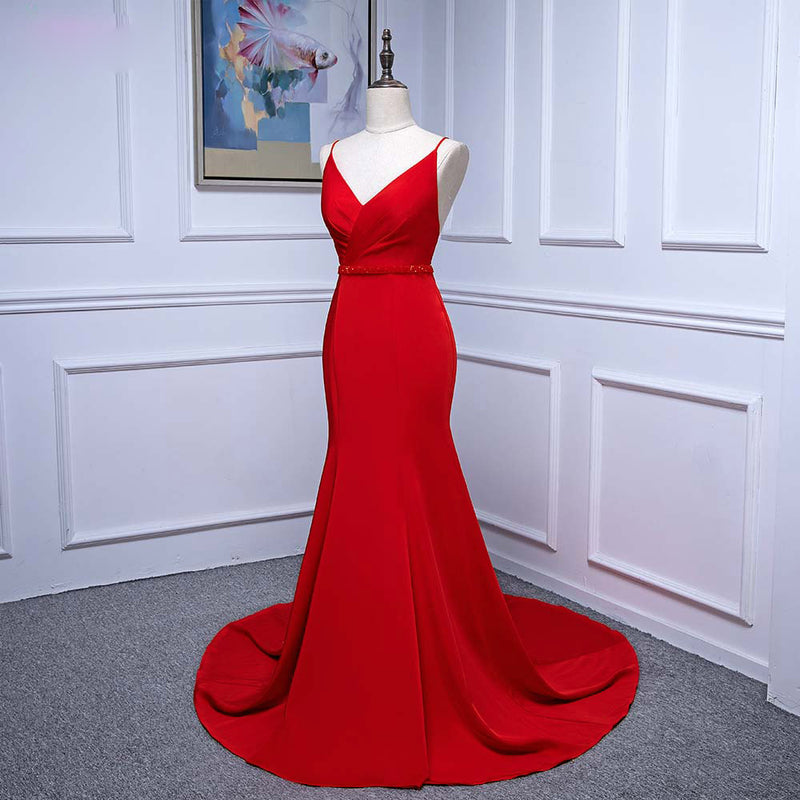 Ruby Red Mermaid Prom Dress Long Evening Party Gown for women with Beaded Belt with Spaghetti Straps LP0501