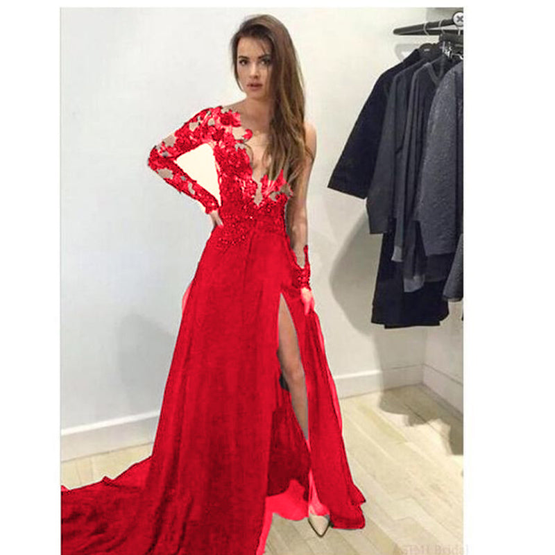 LP3380 Long Sleeves See through Black Lace Evening Dresses 2022 Sexy Slit Formal Prom Gown
