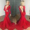 Wine Sexy Deep V Neck Long Sleeves Evening Gown 2018 Open Back Fitted Formal Party Dress Prom