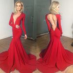 Wine Sexy Deep V Neck Long Sleeves Evening Gown 2018 Open Back Fitted Formal Party Dress Prom