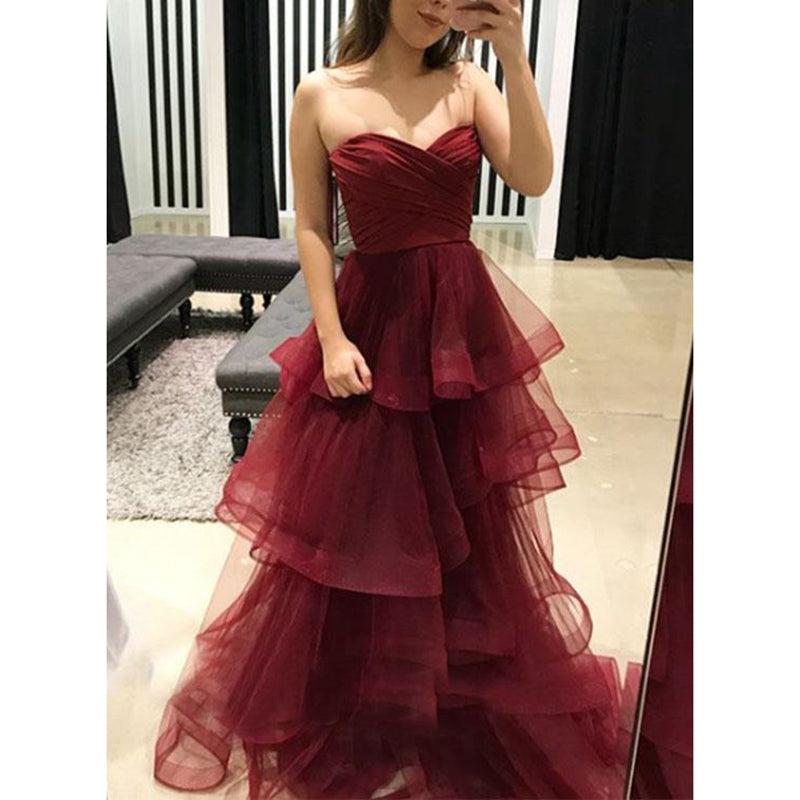 Sweetheart A Line Burgundy Prom Dresses Long Layered Girls graduation Dress