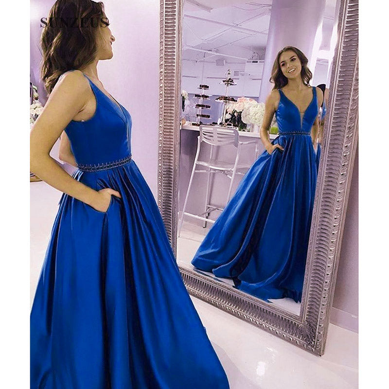 Breathtaking Blue Full Skirt Long Prom Dress with Pocket,A Line Satin Graduation Senior Formal Gowns Long