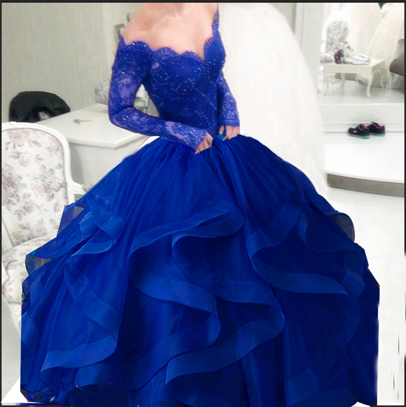 Royal Blue Puffy Ball Gown Organza Prom Dress Long Sleeves off the Shoulder Lace Evening Formal Gowns for Women