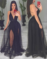 Sexy Women V Neck Black Evening Party Dress Long Prom Gown Vestido Longo PL0902