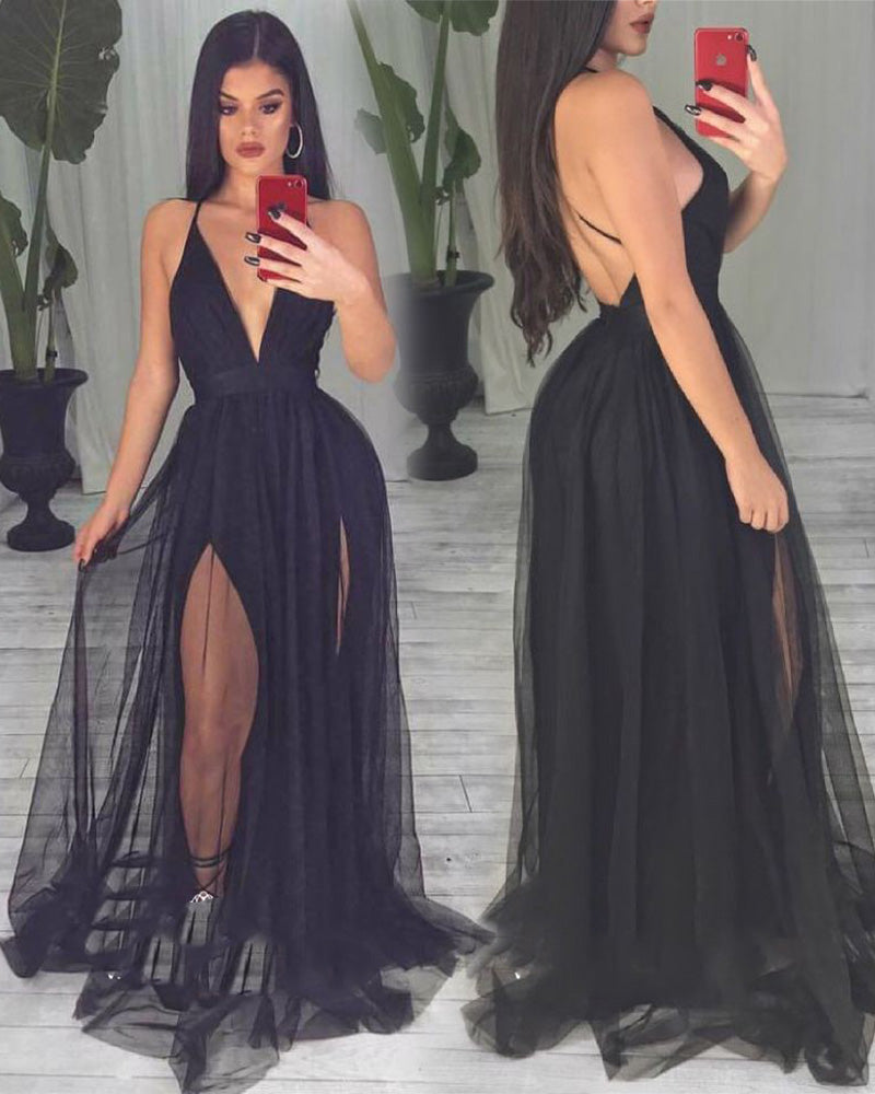 Sexy Women V Neck Black Evening Party Dress Long Prom Gown Vestido Longo PL0902