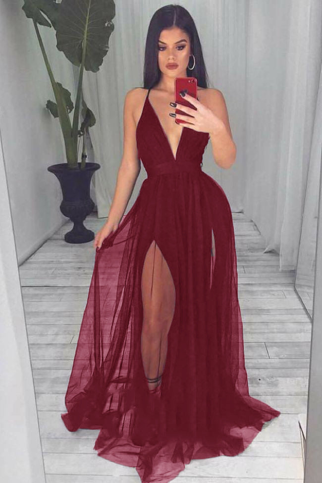 Sexy Women V Neck Black Evening Party Dress Long Prom Gown Vestido Longo PL0902