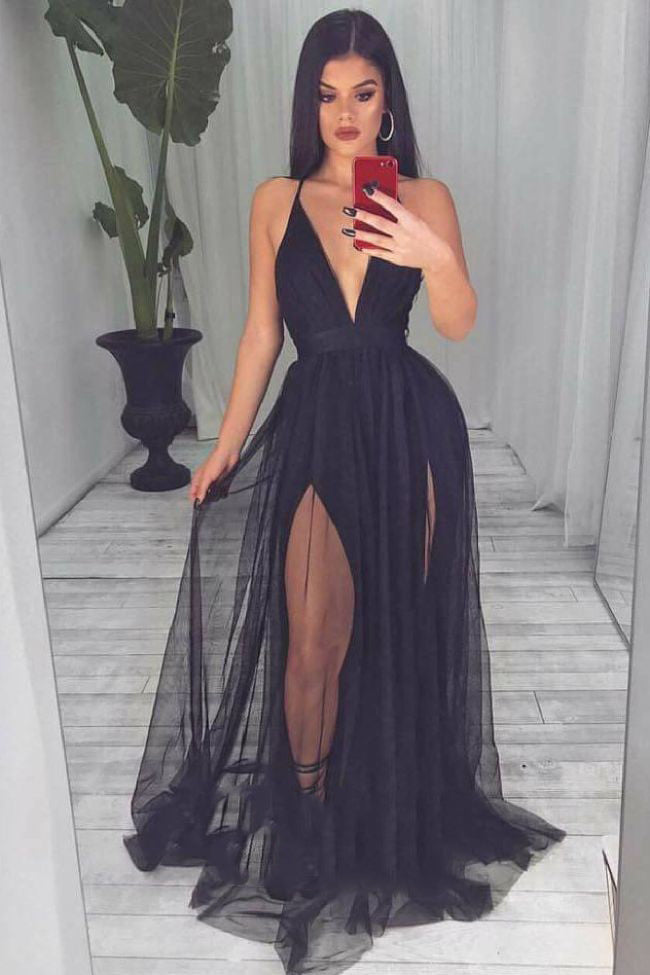 Sexy Women V Neck Black Evening Party Dress Long Prom Gown Vestido Longo PL0902