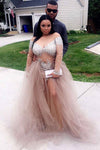 Champagne see through long sleeves prom dresses slit Evening Gown LP6612