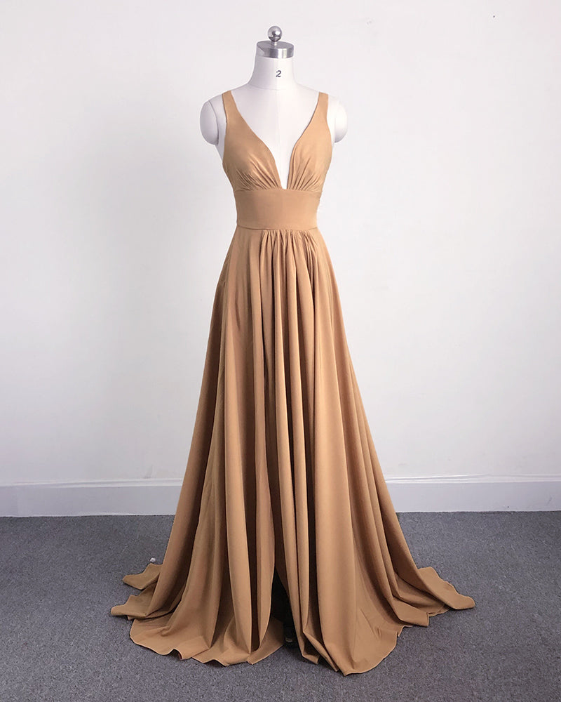 champagne v neck long bridesmaid dress evening party gown
