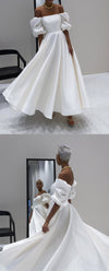 Elegant Teal Length Puffy Sleeves Satin Wedding Dress for Summer WD10909