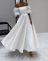 Elegant Teal Length Puffy Sleeves Satin Wedding Dress for Summer WD10909