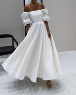 Elegant Teal Length Puffy Sleeves Satin Wedding Dress for Summer WD10909