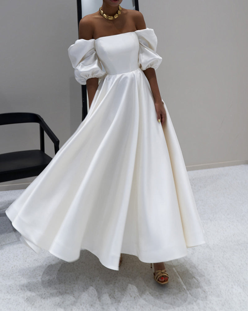 Elegant Teal Length Puffy Sleeves Satin Wedding Dress for Summer WD10909