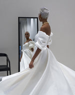 Elegant Teal Length Puffy Sleeves Satin Wedding Dress for Summer WD10909