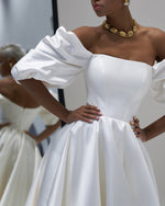 Elegant Teal Length Puffy Sleeves Satin Wedding Dress for Summer WD10909