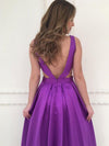 Charming Floor Length  A Line Satin Pocket Deep V Neck Purple Prom Dress PL1022