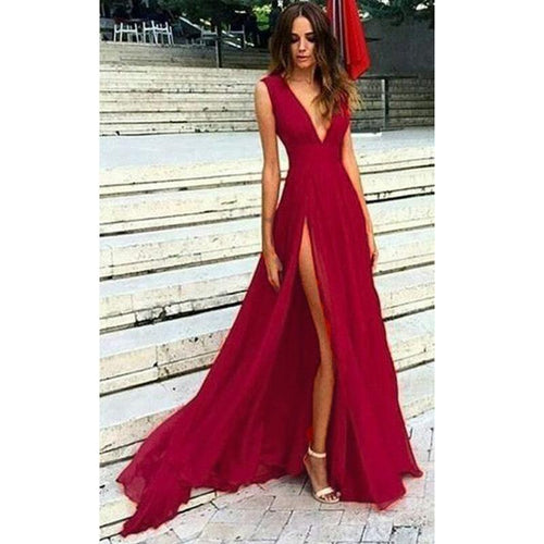 Red Flowing Chiffon Deep V Neck Sexy Summer Evening  Party Gown Long Prom Dresses Vestido De Festa LP478