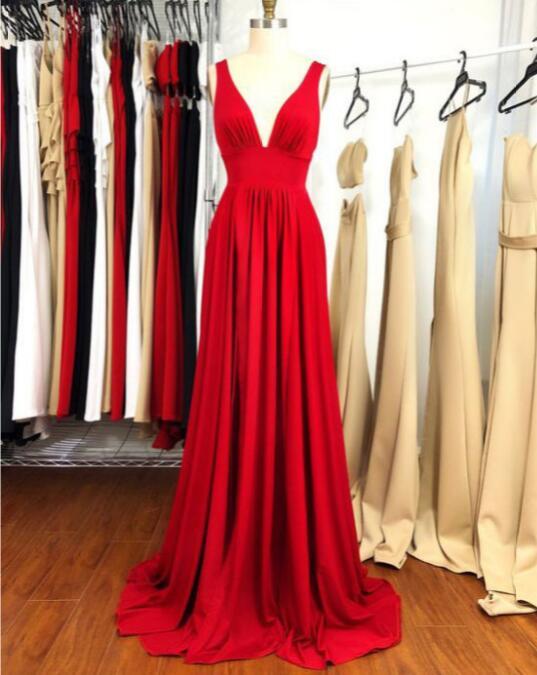 Elegant Red Long Prom Dress Sexy V Neck Split Leg PL10505