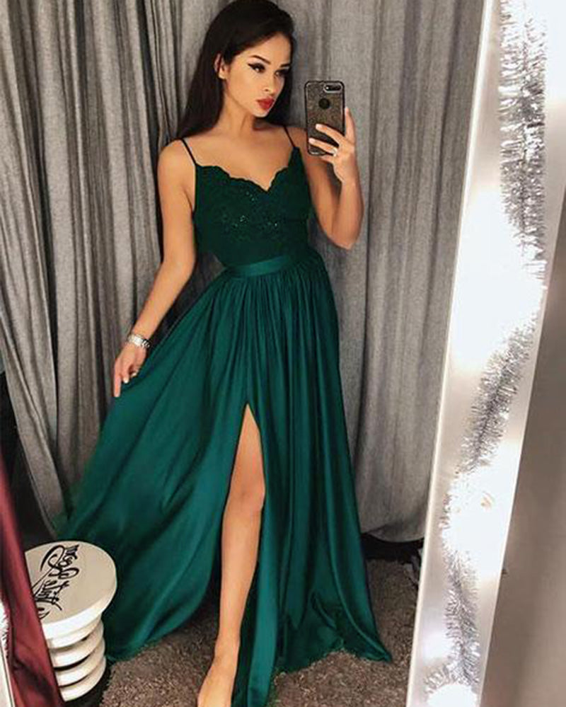 Teal Sexy Slit Prom Dresses 2023 Spaghetti Straps Girls Long Party Gown vestidos de graduacion LP7704