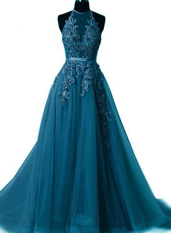 LP3285 Lotus Pink  A Line Tulle Lace Halter Prom Dress ,Long Formal Gowns 2018 vestido formatura Pageant Gown