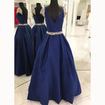Royal Blue Cap Sleeve Beading A Line satin Formal Gown Long Senior Prom Dresses Plunge V neck Party Dresses LP5530