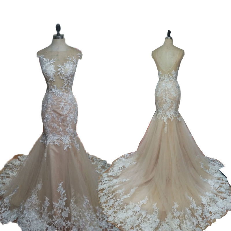 Elegant Lace Champagne Bridal Gown Scoop Neck Mermaid Wedding Dresses 2020