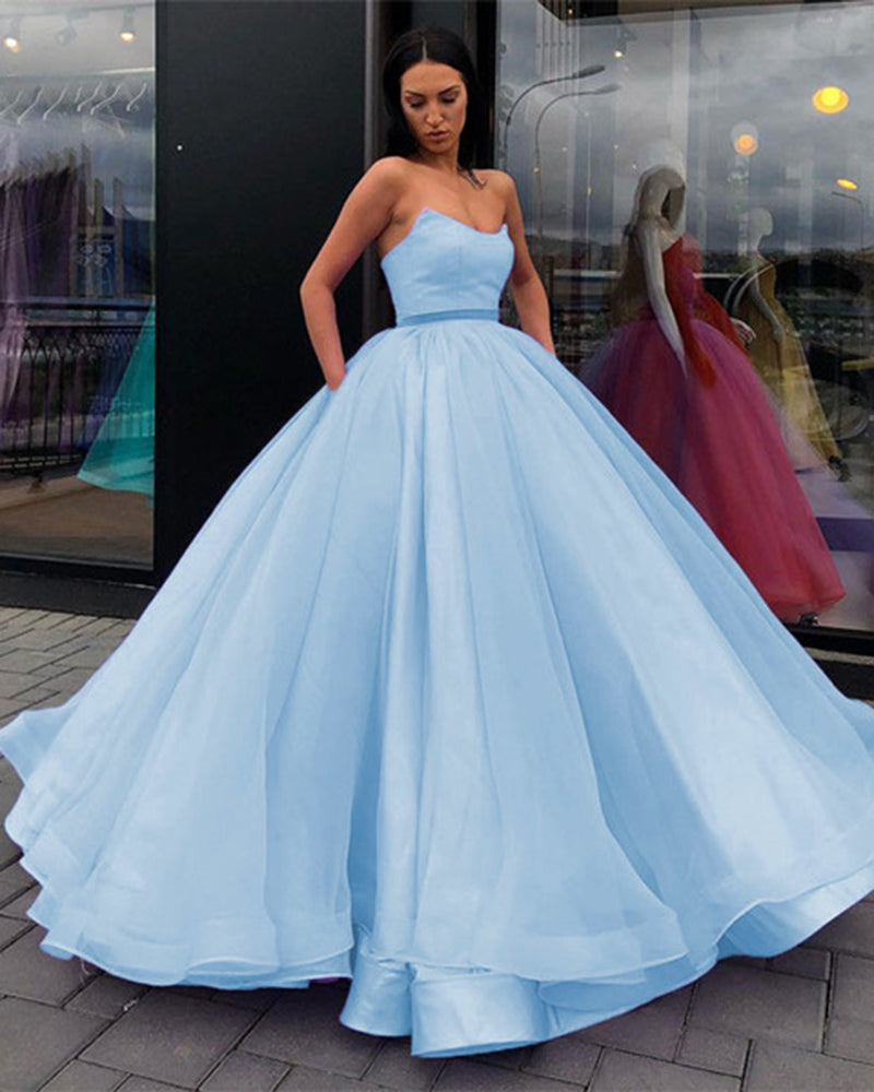 Princess Strapless Light Sky Blue Ball Gown Organza with Satin Quinceanera Dress Sweet 15 /16 Dresses for Girls Birthday Debutante Dress PL01229