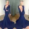 Wine Sexy Deep V Neck Long Sleeves Evening Gown 2018 Open Back Fitted Formal Party Dress Prom