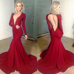 Wine Sexy Deep V Neck Long Sleeves Evening Gown 2018 Open Back Fitted Formal Party Dress Prom