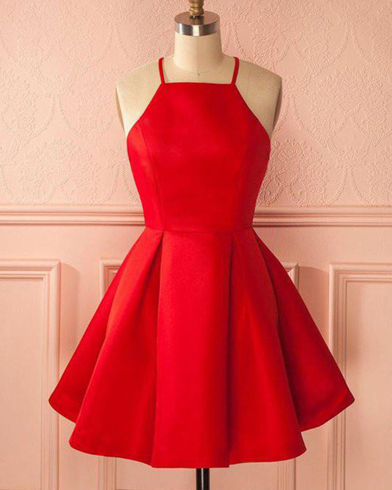 Elegante vestido de fiesta corto con cuello halter y corte en A de satén rojo, vestido de cóctel para la fiesta de bienvenida SP07292 